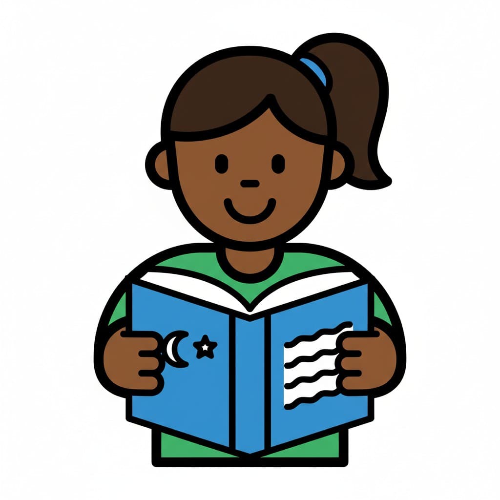 A girl with a ponytail reads a blue book.