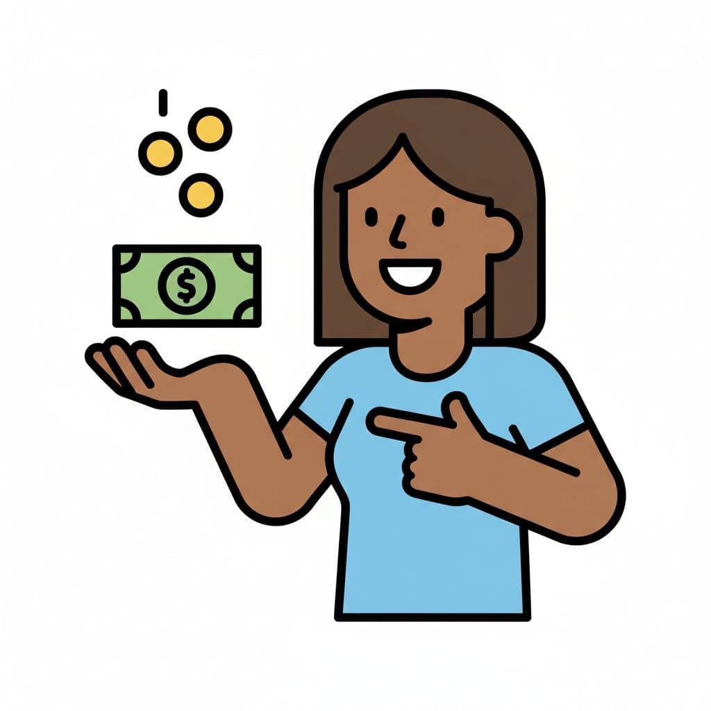 A happy girl points to a banknote and coins falling into her hand.