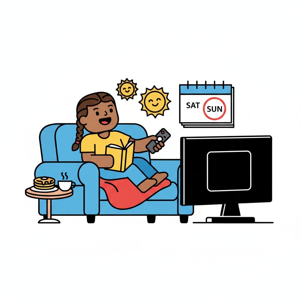 En pige slapper af på en blå sofa med en bog og en fjernbetjening, ved siden af en tv-skærm. En kalender viser 'SAT SUN' og der er pandekager og en kop på et bord.