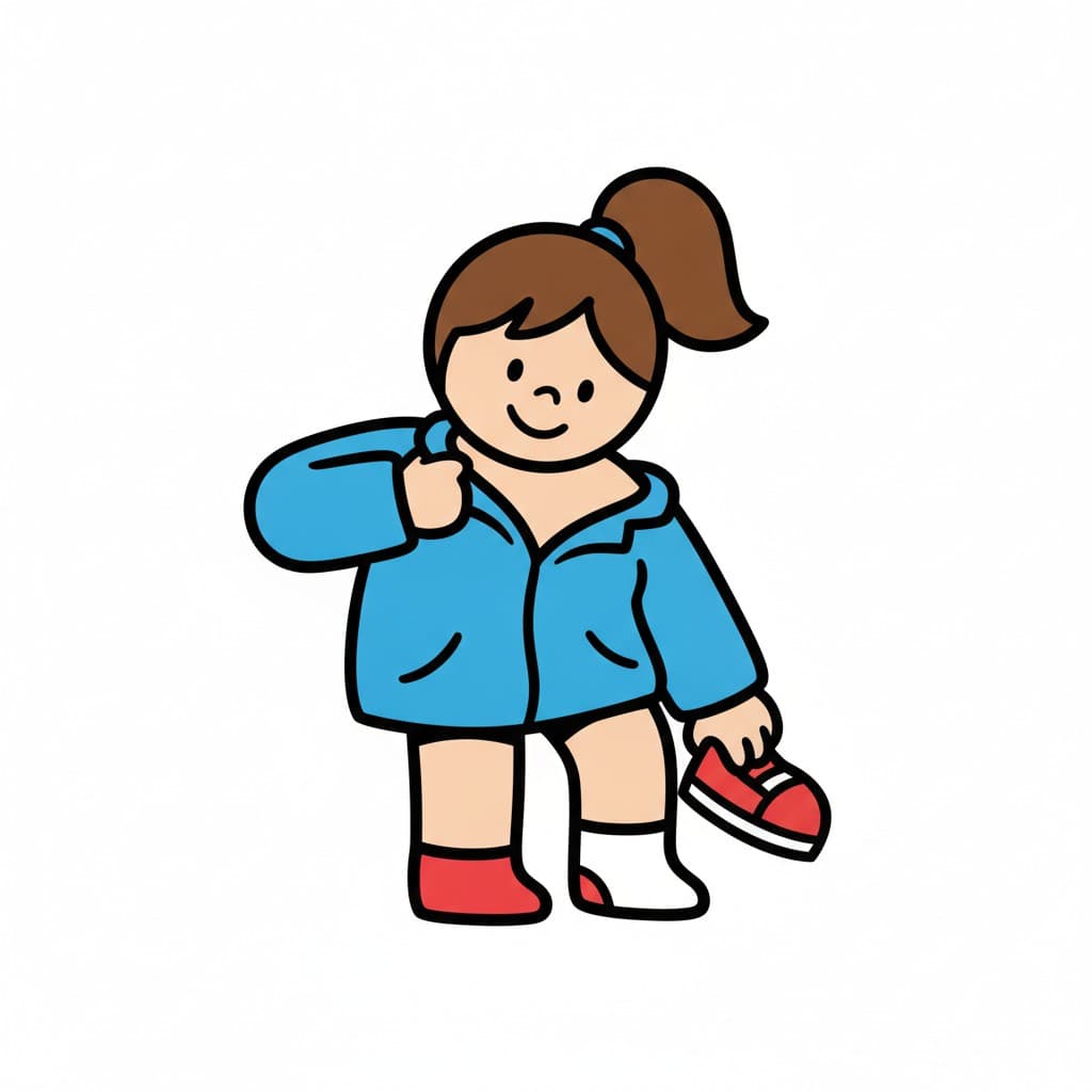 A girl pulls off her jacket and holds a shoe.