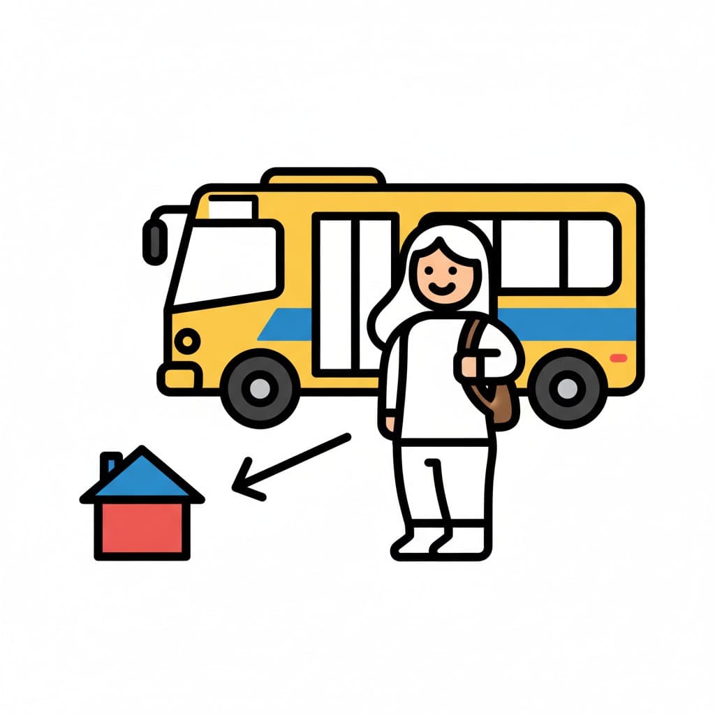 A girl stands in front of a bus with an arrow pointing towards a house, symbolizing riding the bus home.