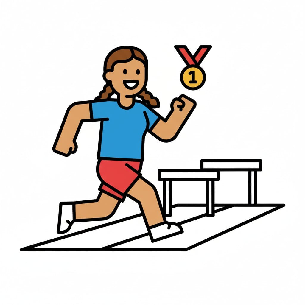 En illustration av en tjej som springer förbi häckar med en guldmedalj.