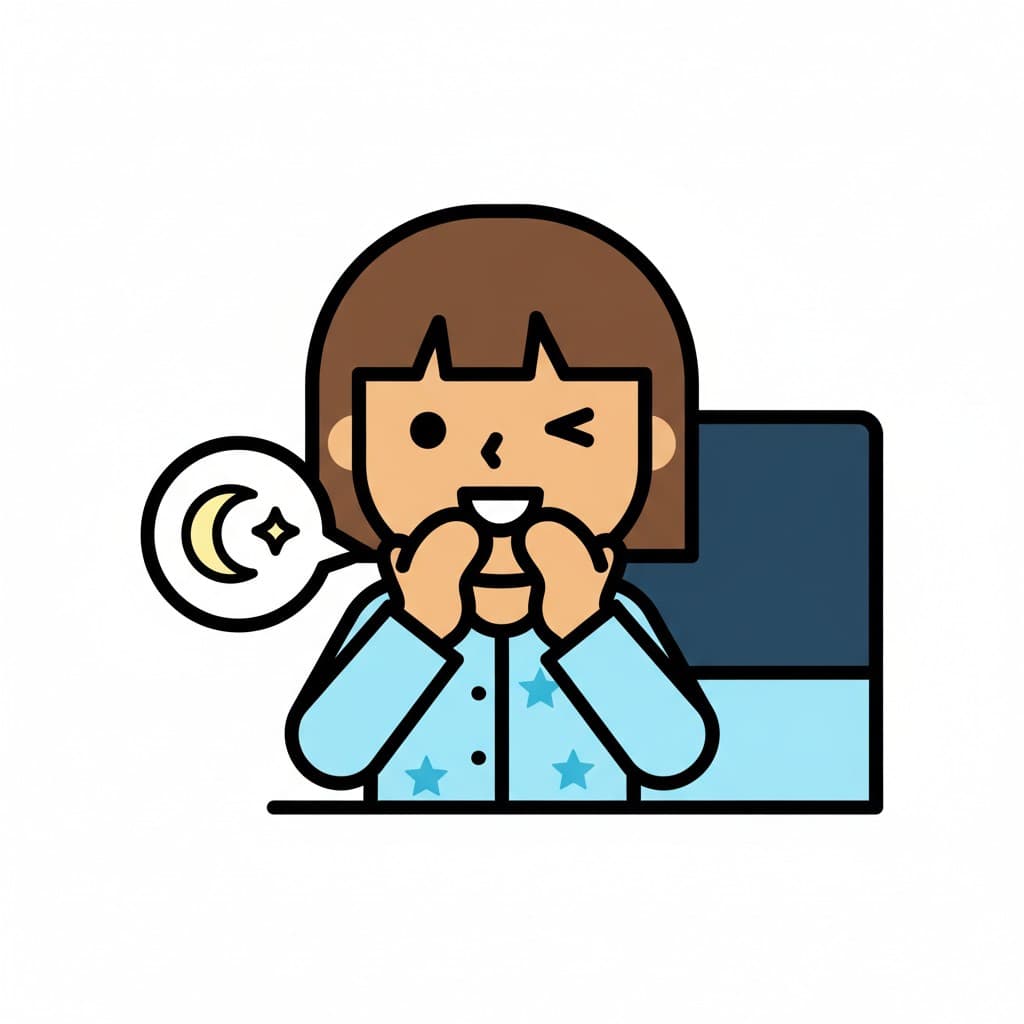 A girl in blue star pajamas winks and smiles, with a speech bubble showing a moon and a star.