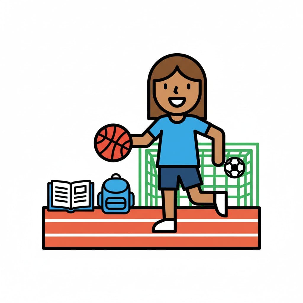A girl in sportswear holds a basketball, with a soccer goal, soccer ball, open book, and backpack in the background.