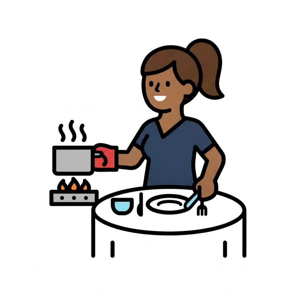 A girl sets a table with a plate and cutlery next to the stove.