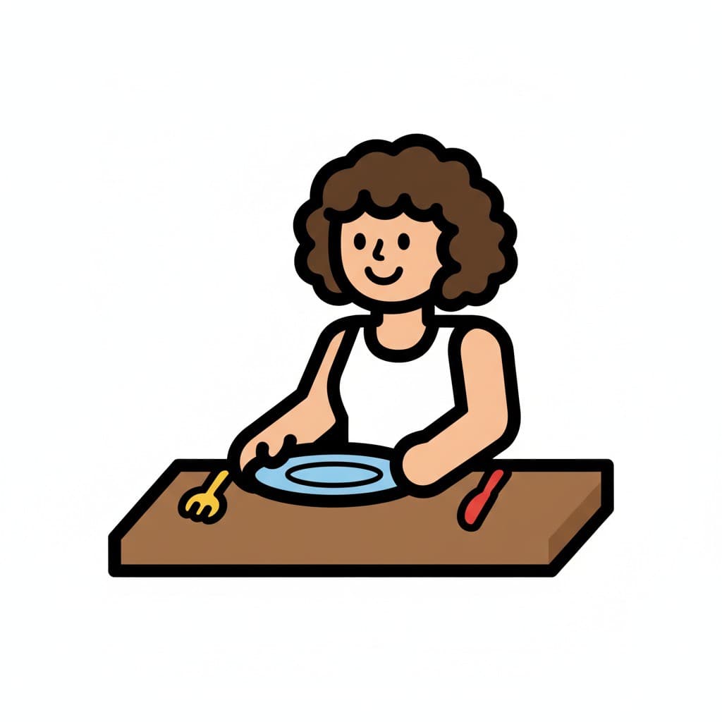 En flicka lägger en tallrik, gaffel och kniv på bordet.