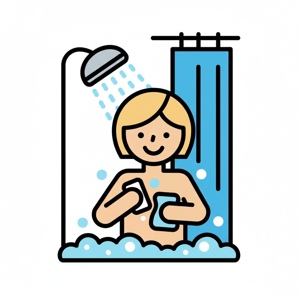 En pige med lyst pagehår står i badet med sæbe og en vaskeklud, mens skum bobler omkring hende.