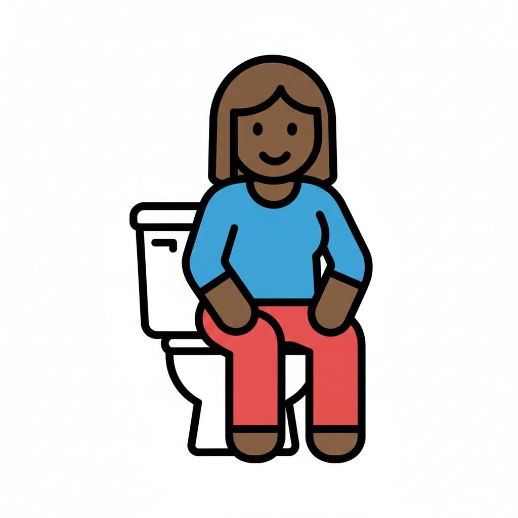 En pige i blå bluse og røde bukser sidder på et hvidt toilet med hænderne på knæene.