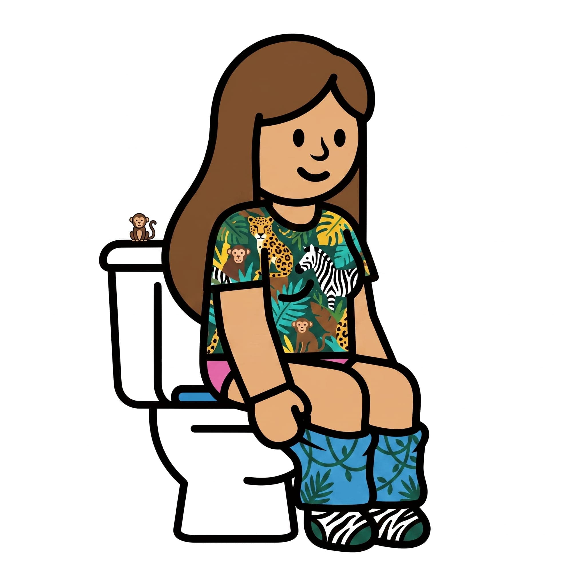 En pige med langt hår sidder på toilettet med bukserne nede om anklerne.