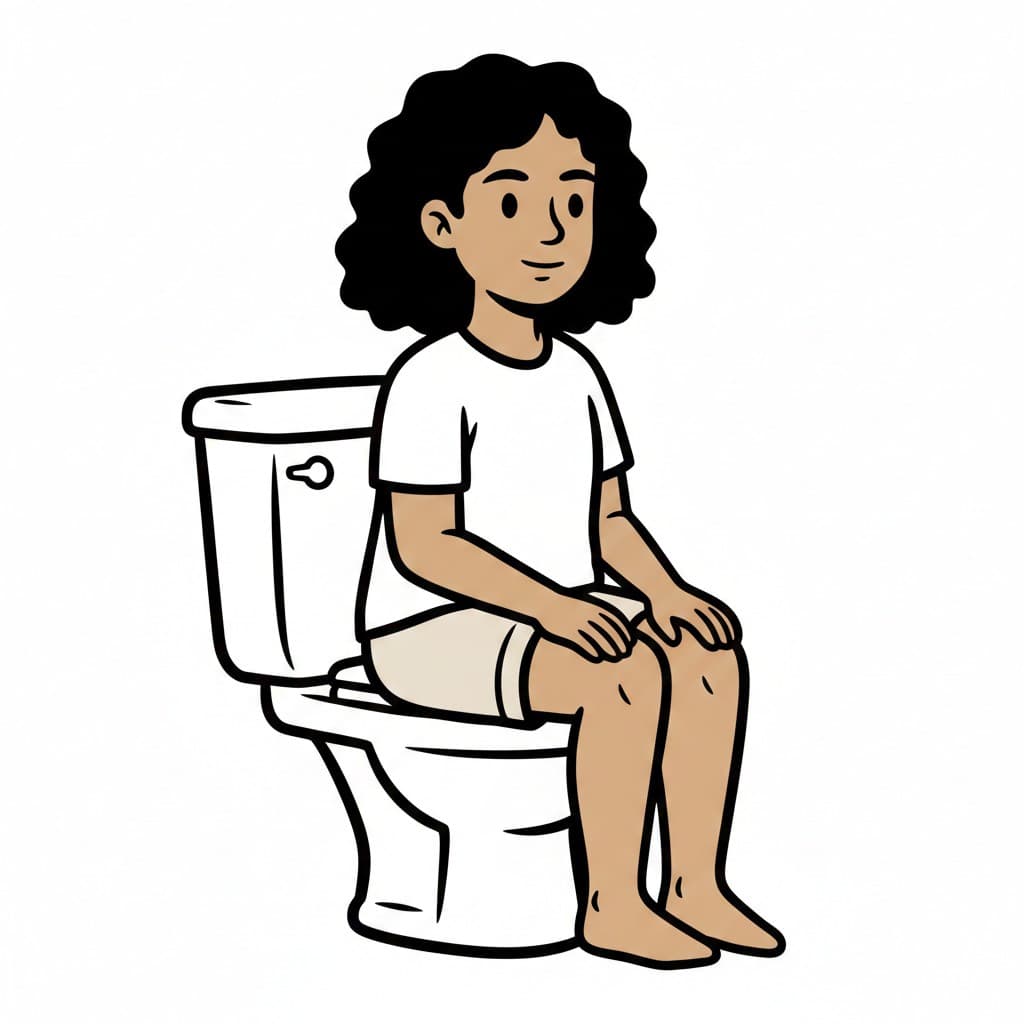 En tjej med lockigt hår sitter på toaletten.