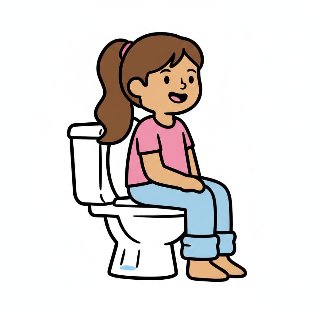 En glad tjej sitter och kissar på toaletten.