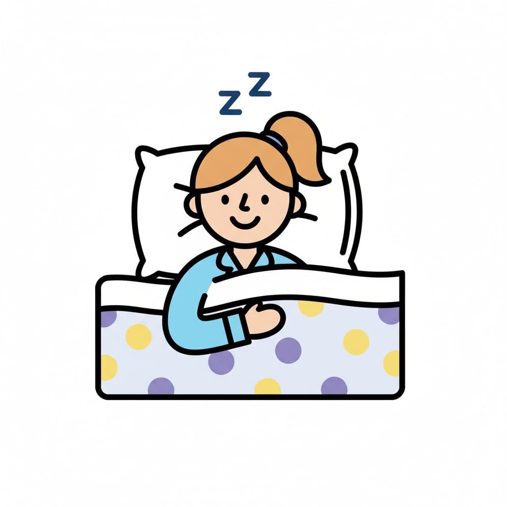 A cartoon illustration of a girl sleeping peacefully in bed, with 'Zz' symbols above her head.
