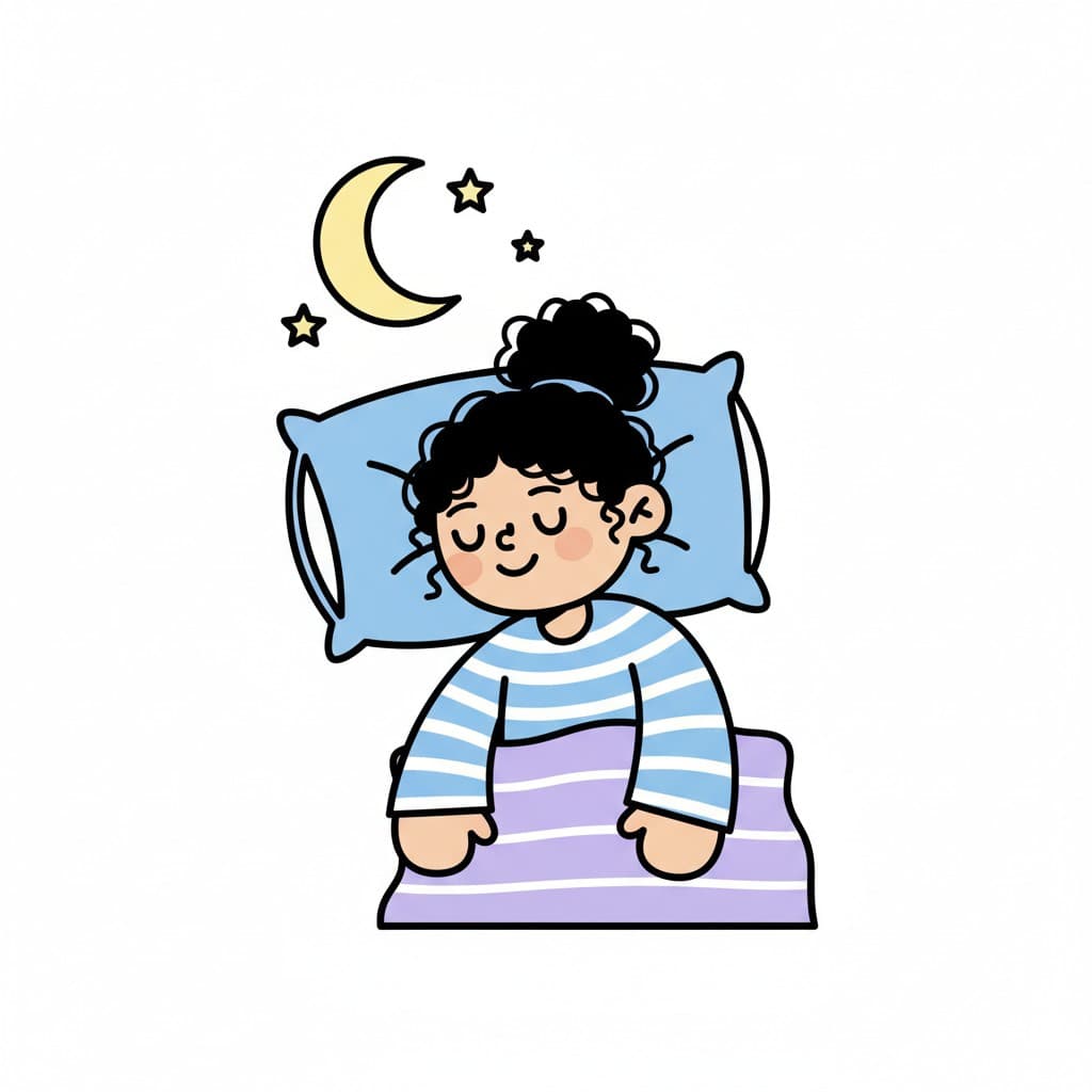En pige sover trygt i sengen med en måne og stjerner over hovedet.