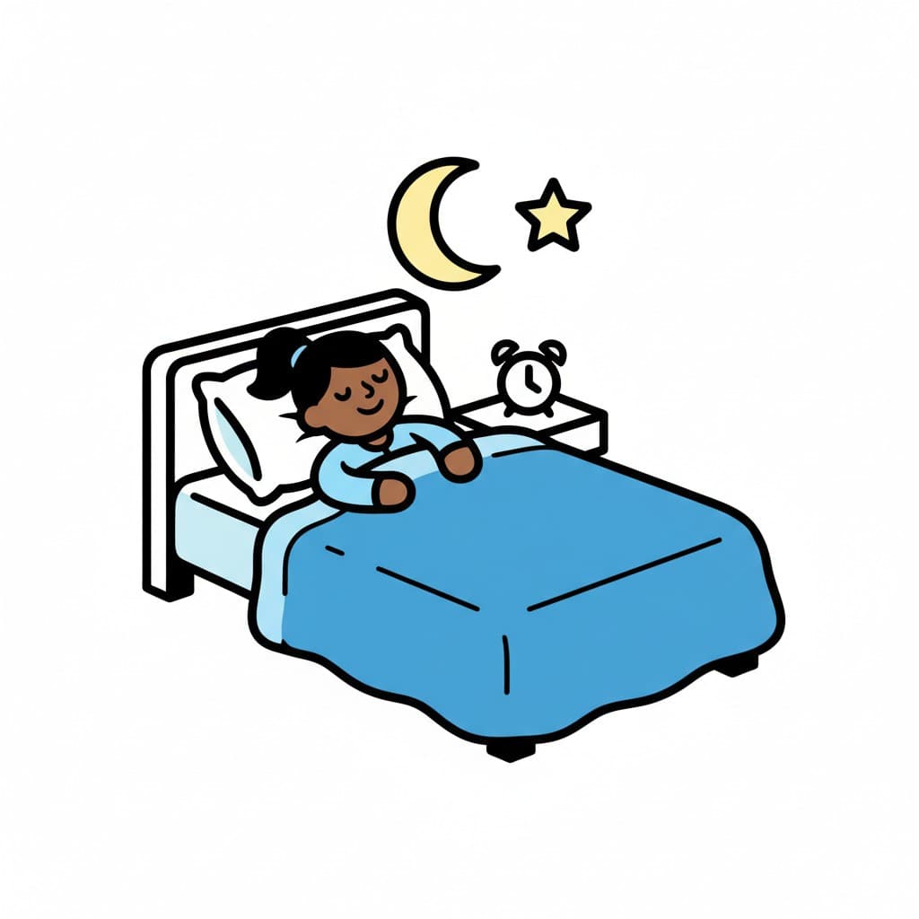 A person is lying in bed under a blue blanket, with an alarm clock next to them.