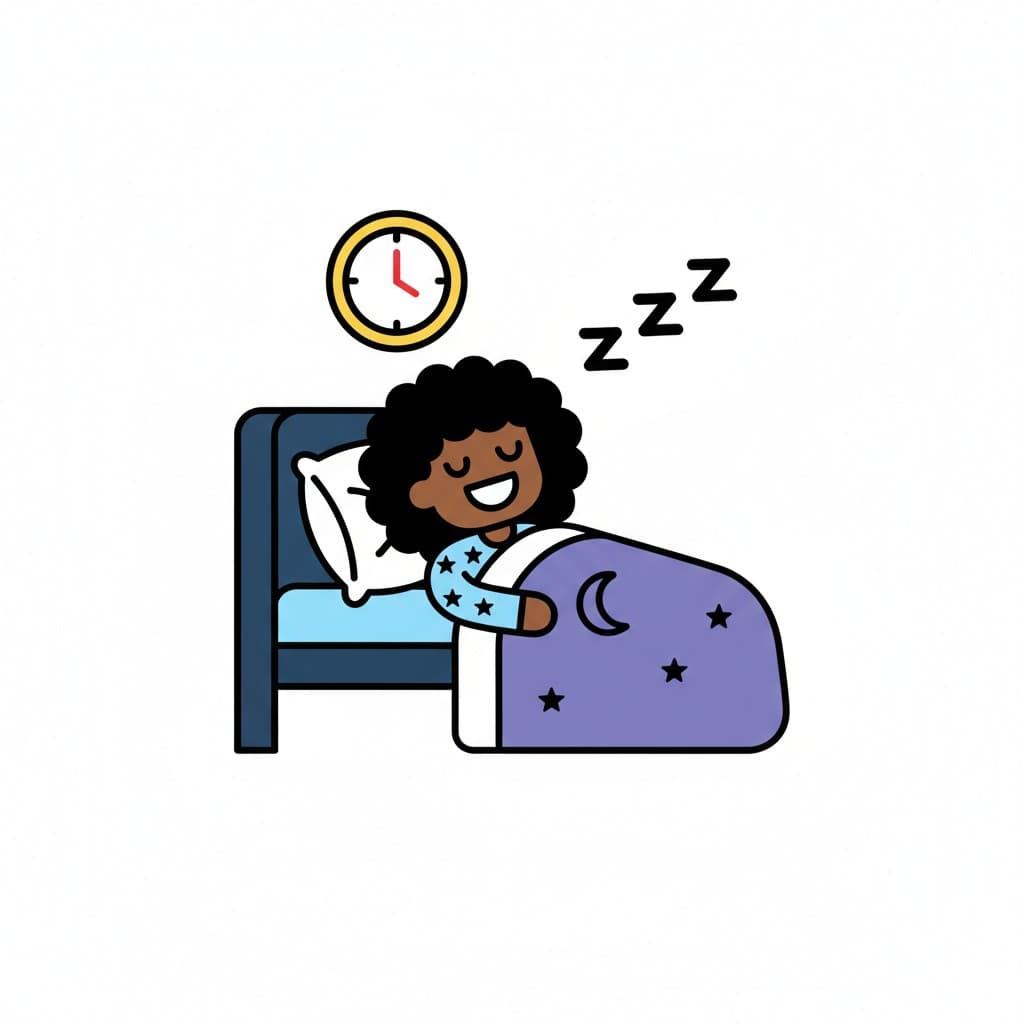 A person is sleeping in bed under a purple blanket, with a clock in the background.