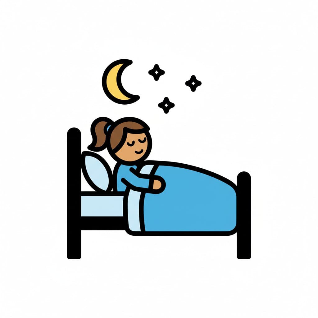 A person is sleeping in bed under a blue blanket, with a moon and stars above them.