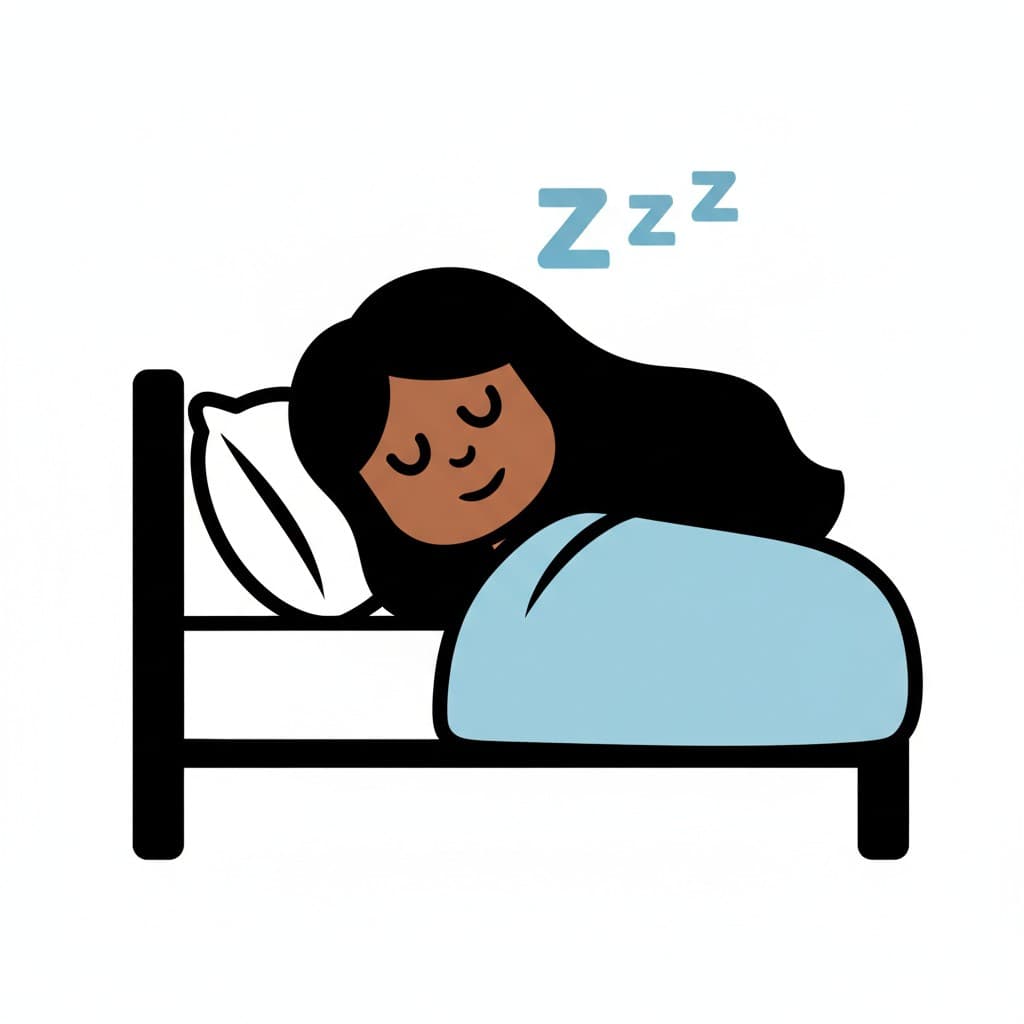 En person sover i en seng under et tæppe med lukkede øjne og 'ZzZ'.