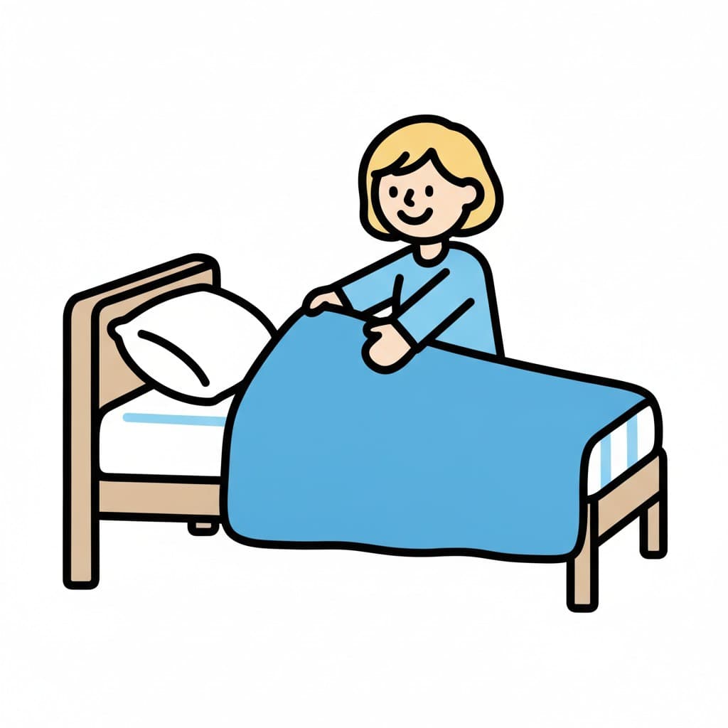 Ein Mädchen mit kurzen hellen Haaren zieht eine blaue Decke glatt über ein Holzbett mit weißem Kissen.