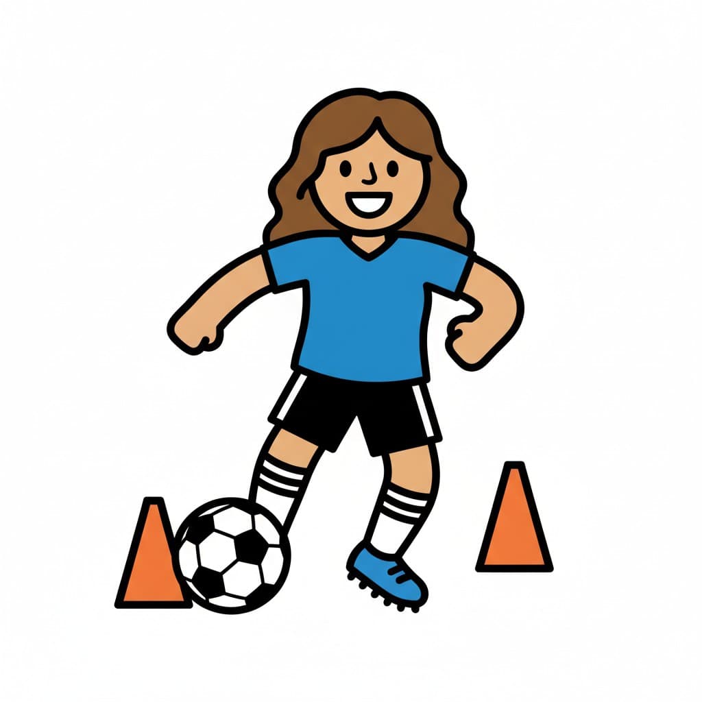 En jente dribler en fotball mellom to oransje kjegler på en hvit bakgrunn.