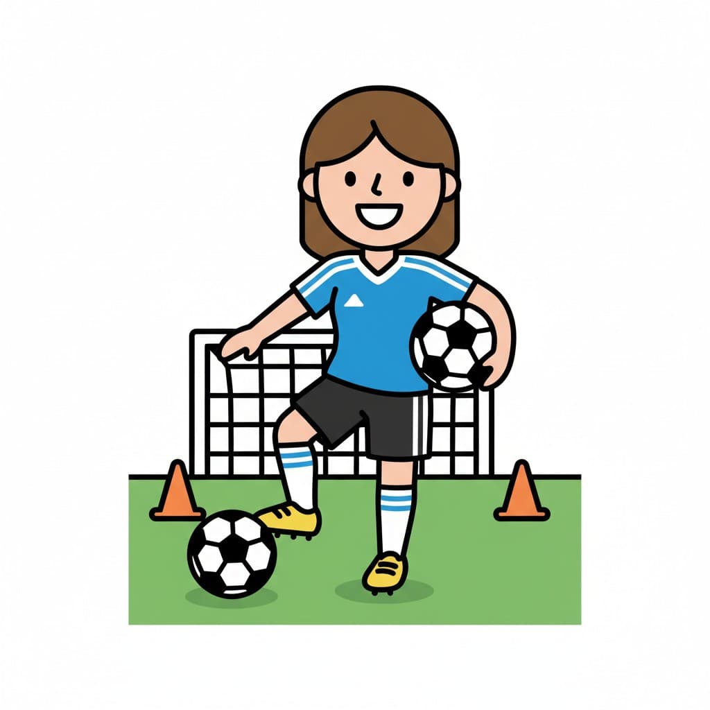 A girl in a soccer jersey and shorts stands on a soccer field with two soccer balls and a goal.