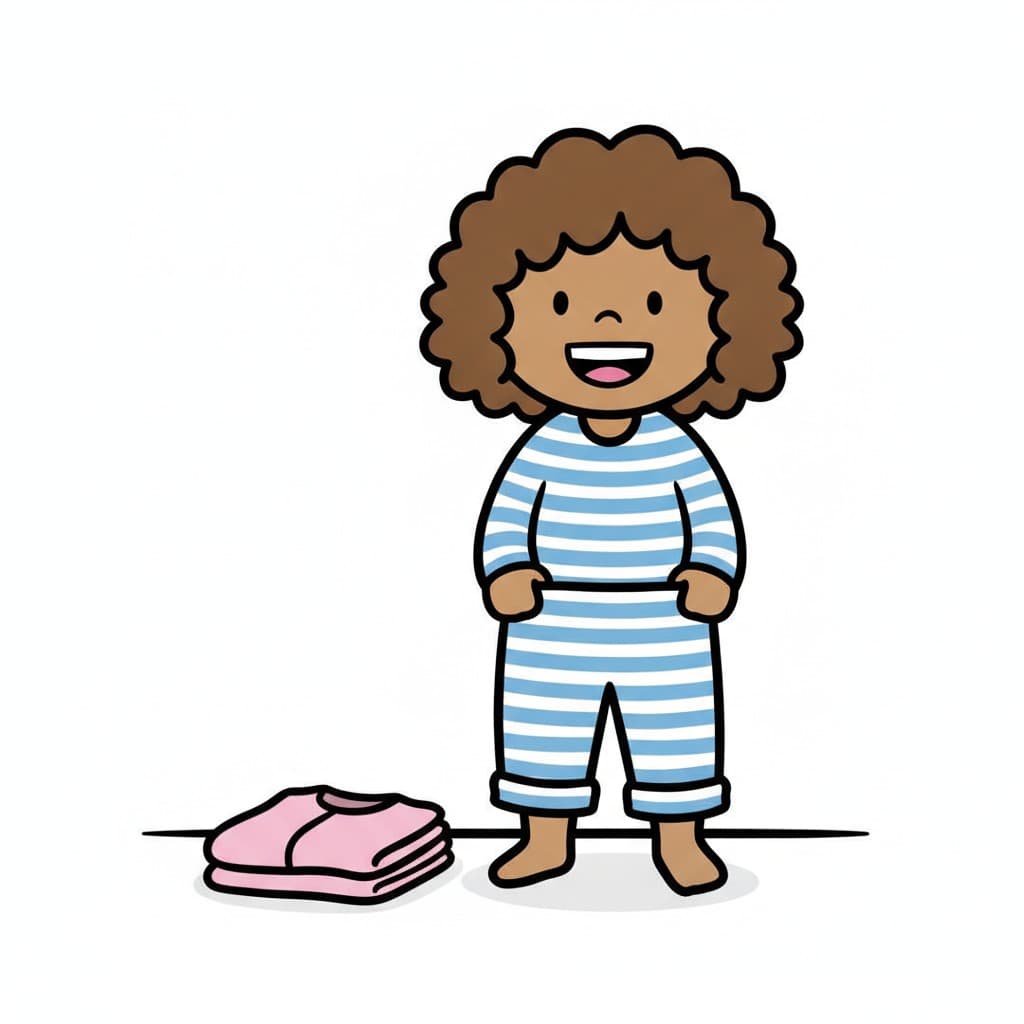 En barfodet pige står i en blåstribet pyjamas, og det sammenlagte lyserøde tøj ligger på gulvet ved siden af hende.