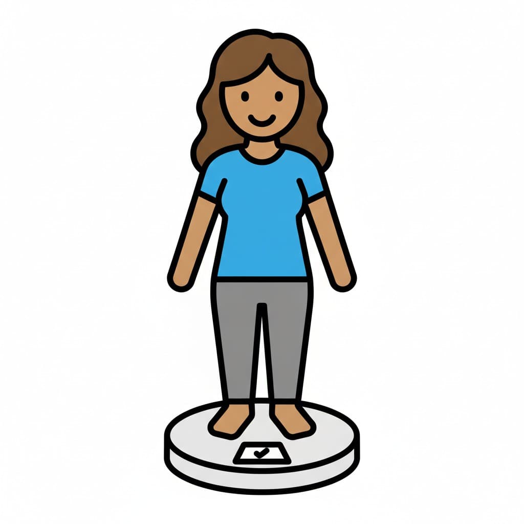 A girl stands barefoot on a bathroom scale and looks straight ahead.