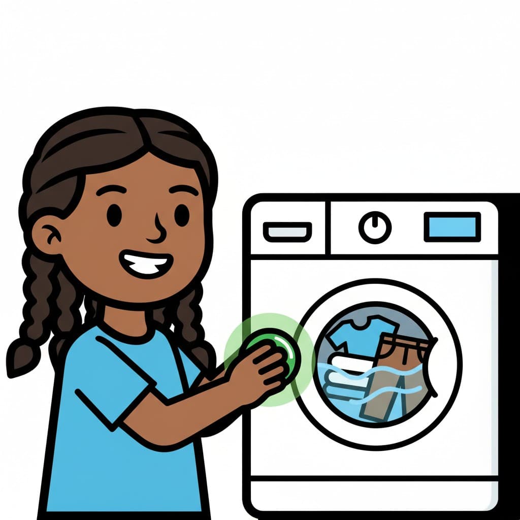 A girl presses the start button on a washing machine with clothes inside.