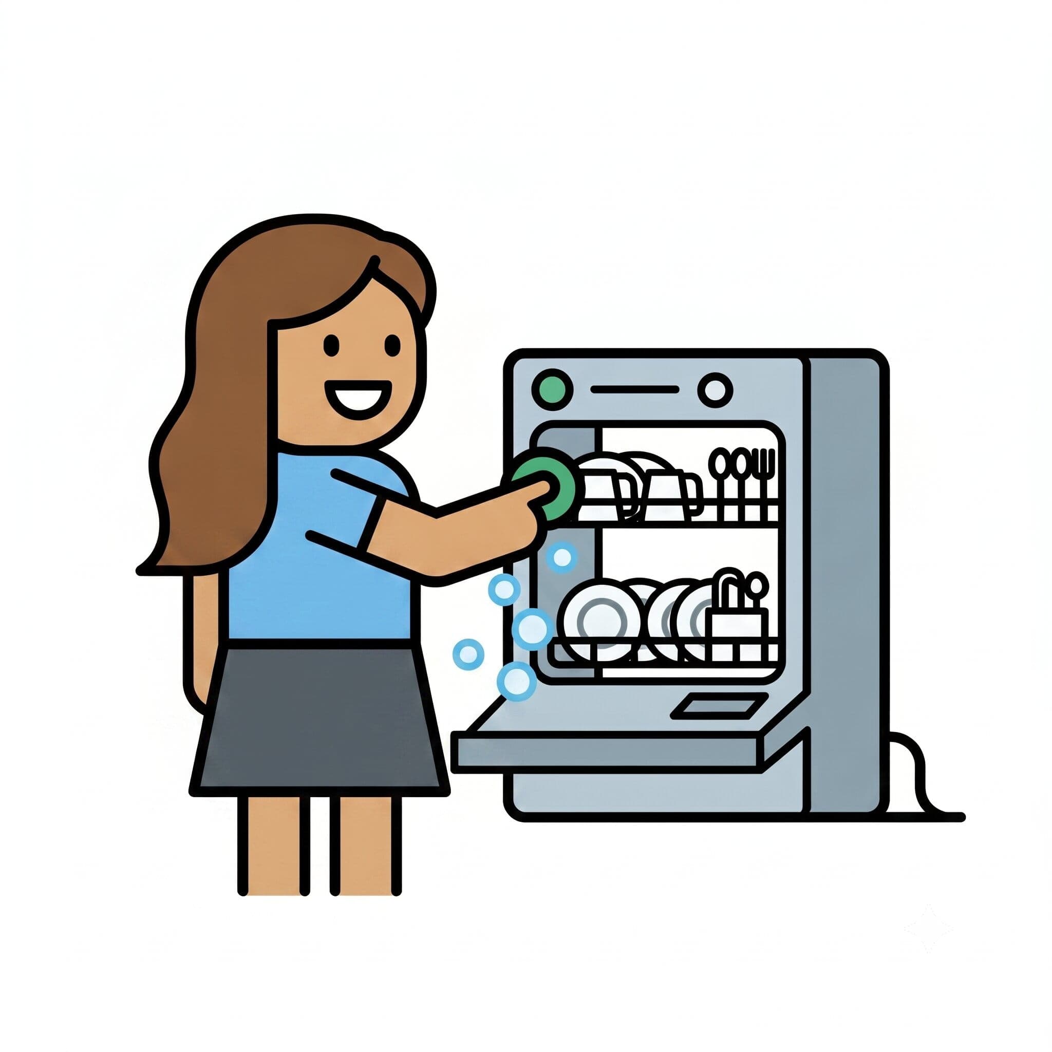 A girl presses the button on an open dishwasher filled with plates and cutlery.