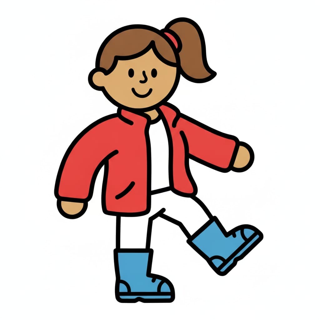 A girl in a red jacket kicks off a blue boot.