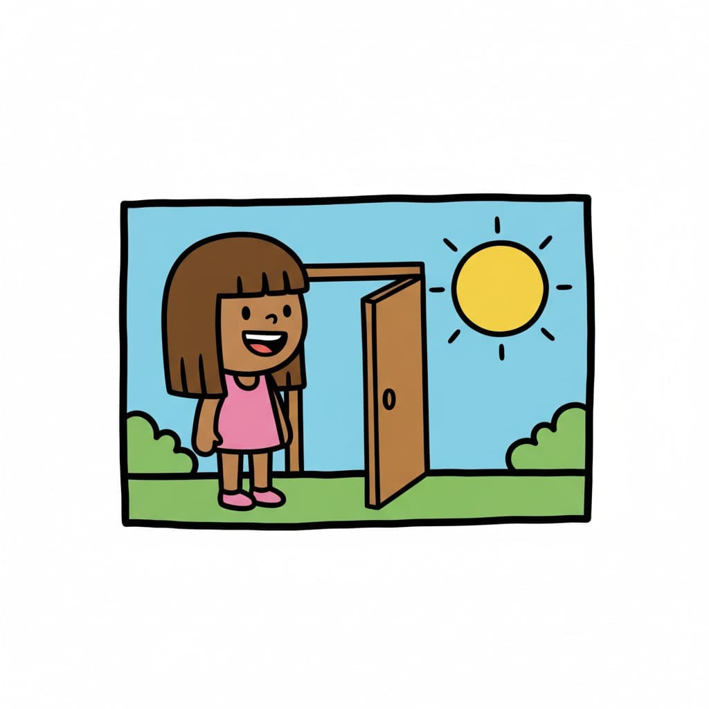 Hymyilevä tyttö vaaleanpunaisessa mekossa seisoo avoimen oven vieressä, josta näkyy vihreä nurmikko, pensaita, sininen taivas ja keltainen aurinko.