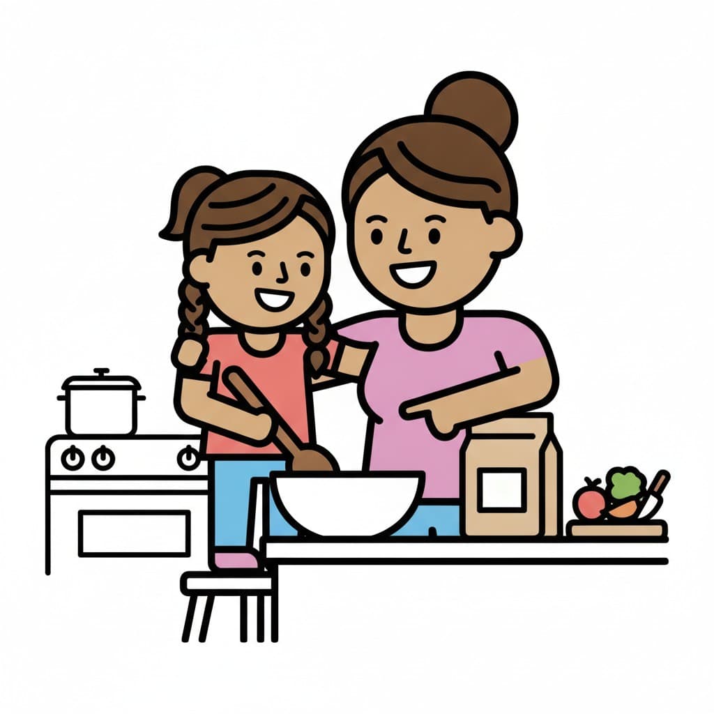 A girl stirs a bowl with a spoon next to mom at a kitchen counter.