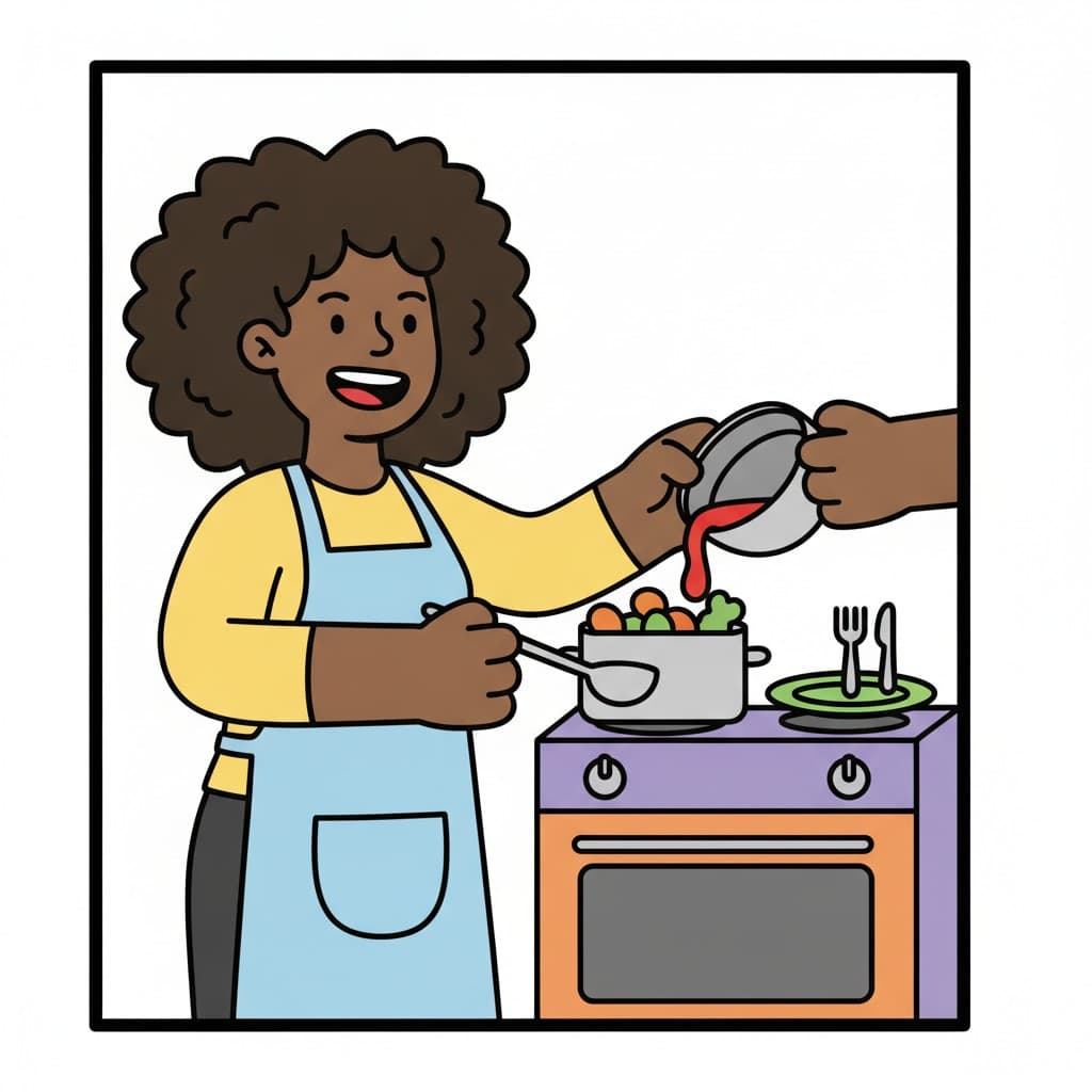 A girl in an apron stirs a pot of vegetables while someone pours in sauce.