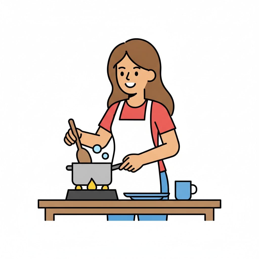 A girl in an apron stirs a pot on the stove.