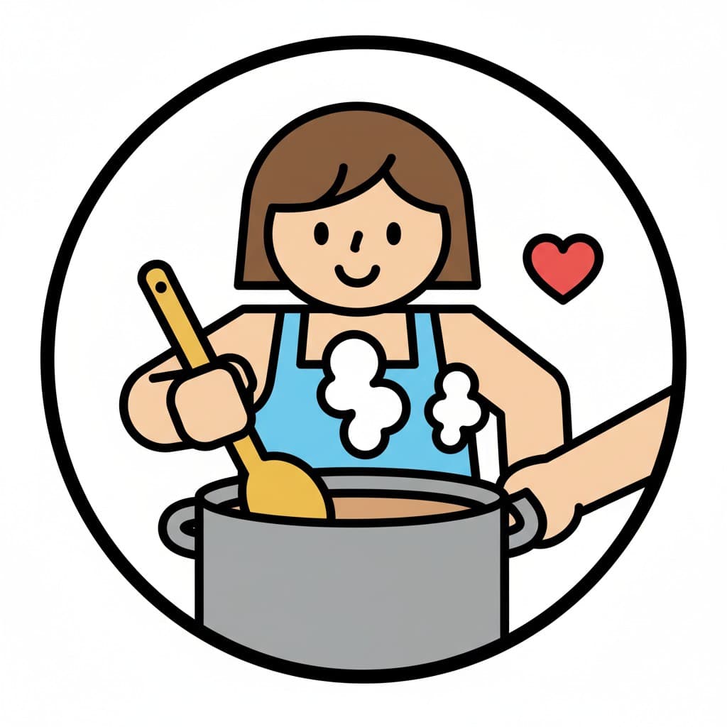 A person in an apron stirs a pot with a spoon, with another hand helping to hold the pot. A small red heart symbol is shown.