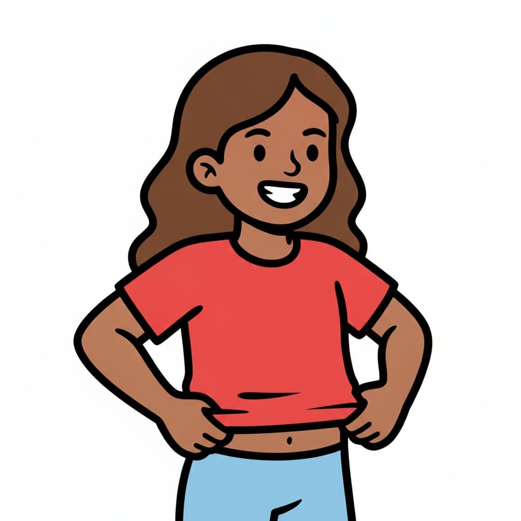 A girl in a red t-shirt and light blue trousers tugs the hem straight and smiles.