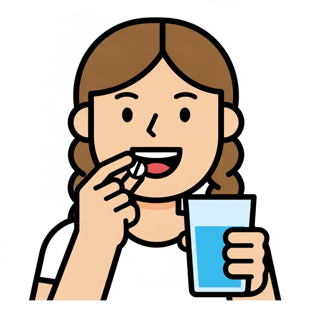 Närbild på en flicka som för en tablett mot munnen med ett stort glas vatten i handen.