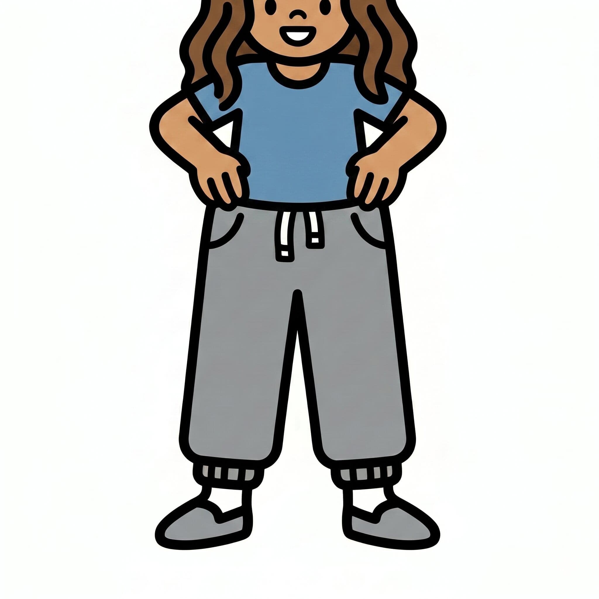 A person with brown curly hair wearing gray sweatpants, with hands on hips.