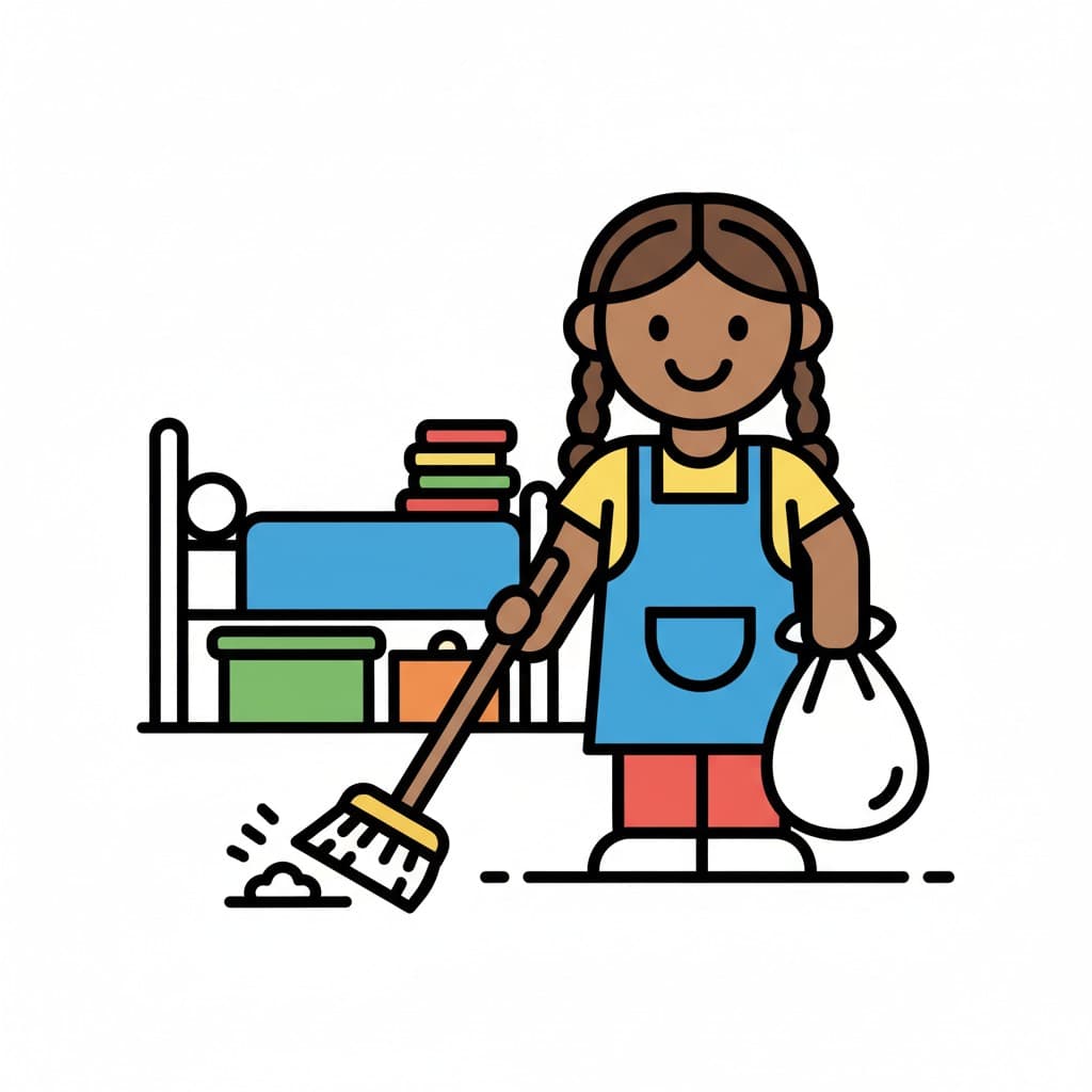 A child is sweeping the floor with a broom and holding a trash bag next to a bed.