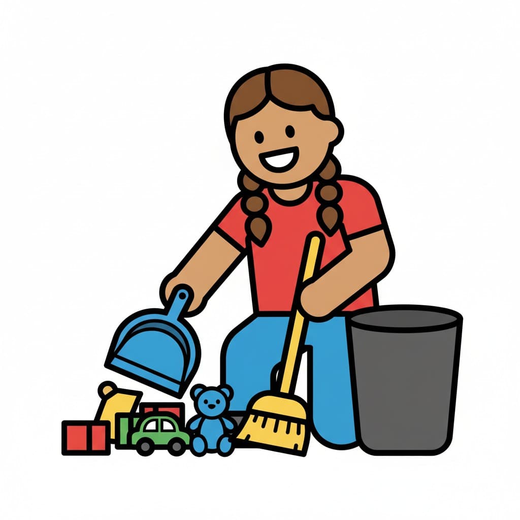 A girl sweeping toys into a dustpan with a broom next to a trash can.