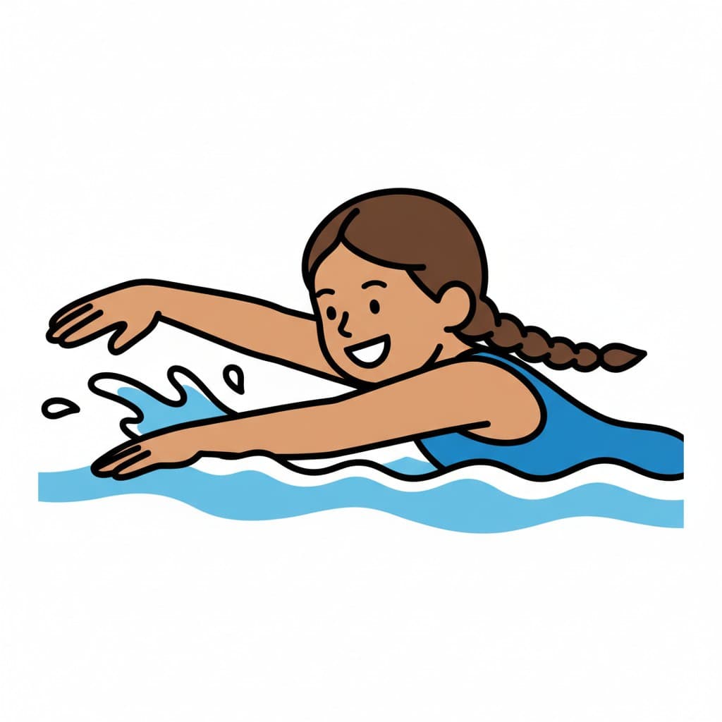 A girl with a braid in a blue swimsuit swims front crawl through blue water with her arms reaching forward.