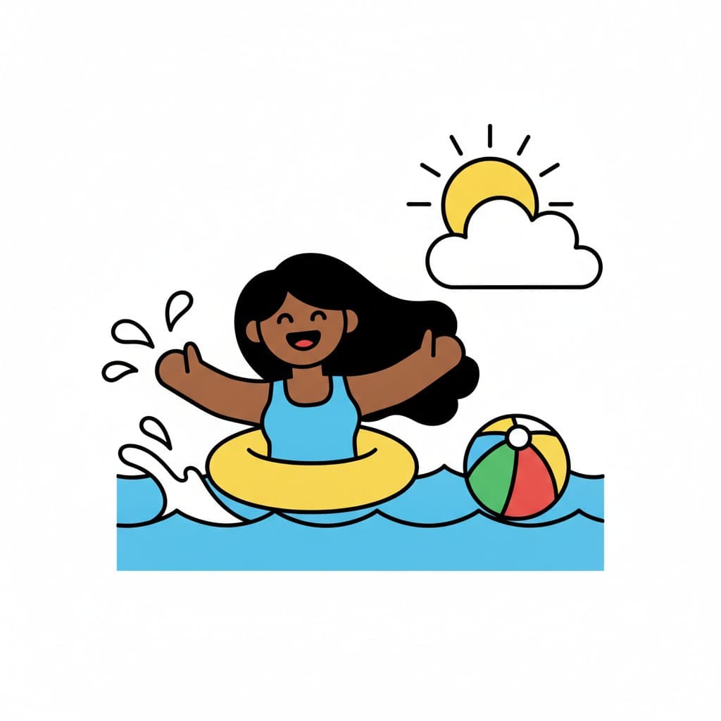 A happy girl splashes in the water with a yellow float ring under the sun and a cloud.