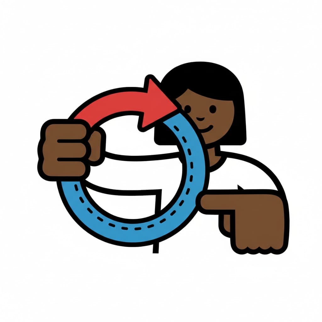 A person pointing to a circular arrow with a dashed blue path and a red arrow, illustrating taking turns.