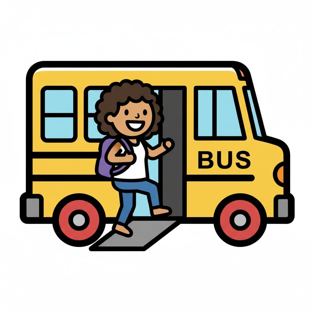 Ein Mädchen mit lockigem Haar und einem Rucksack steigt in einen gelben Bus, mit dem Wort 'BUS' an der Seite.