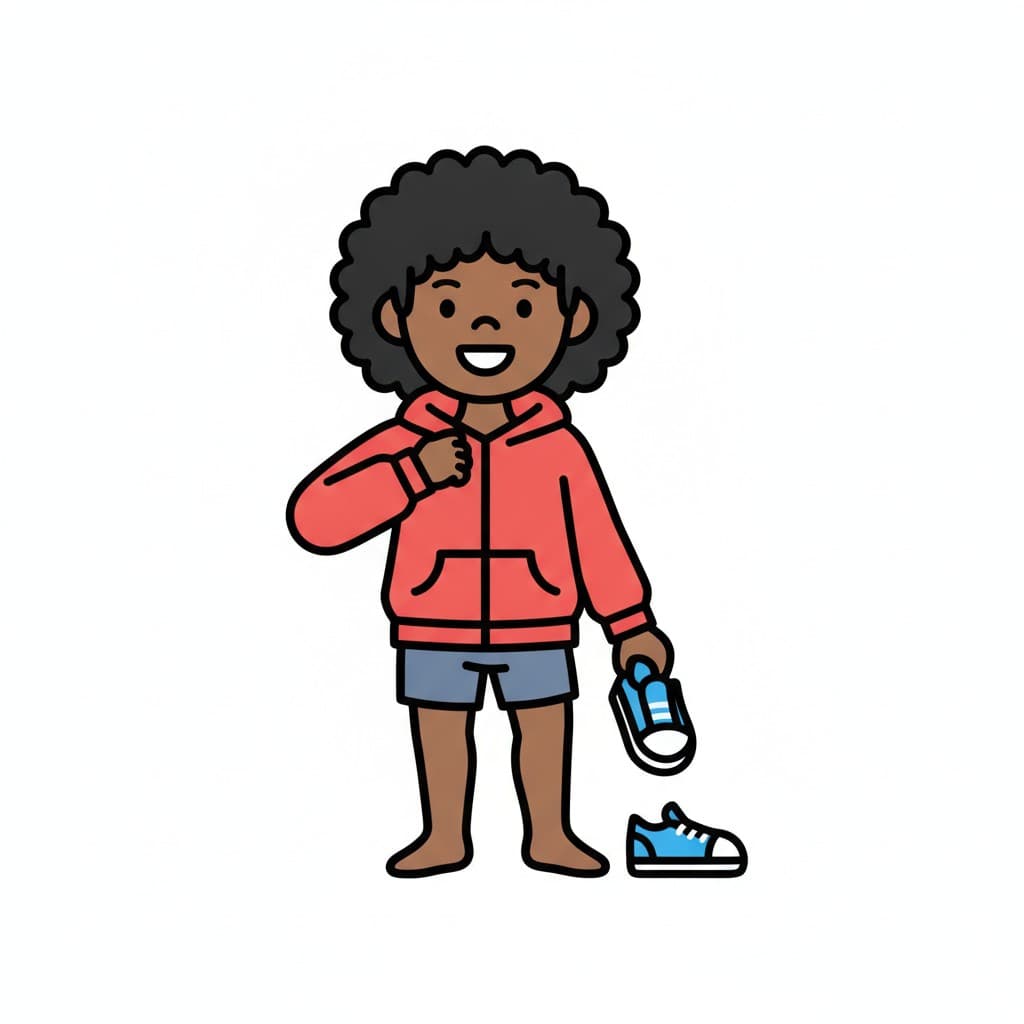A girl takes off her jacket while holding a shoe.