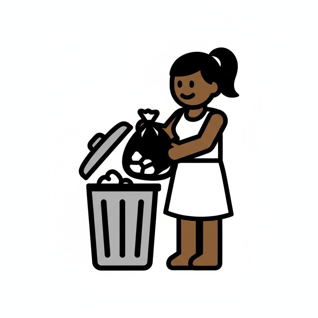 A girl putting a black trash bag into a grey trash can.