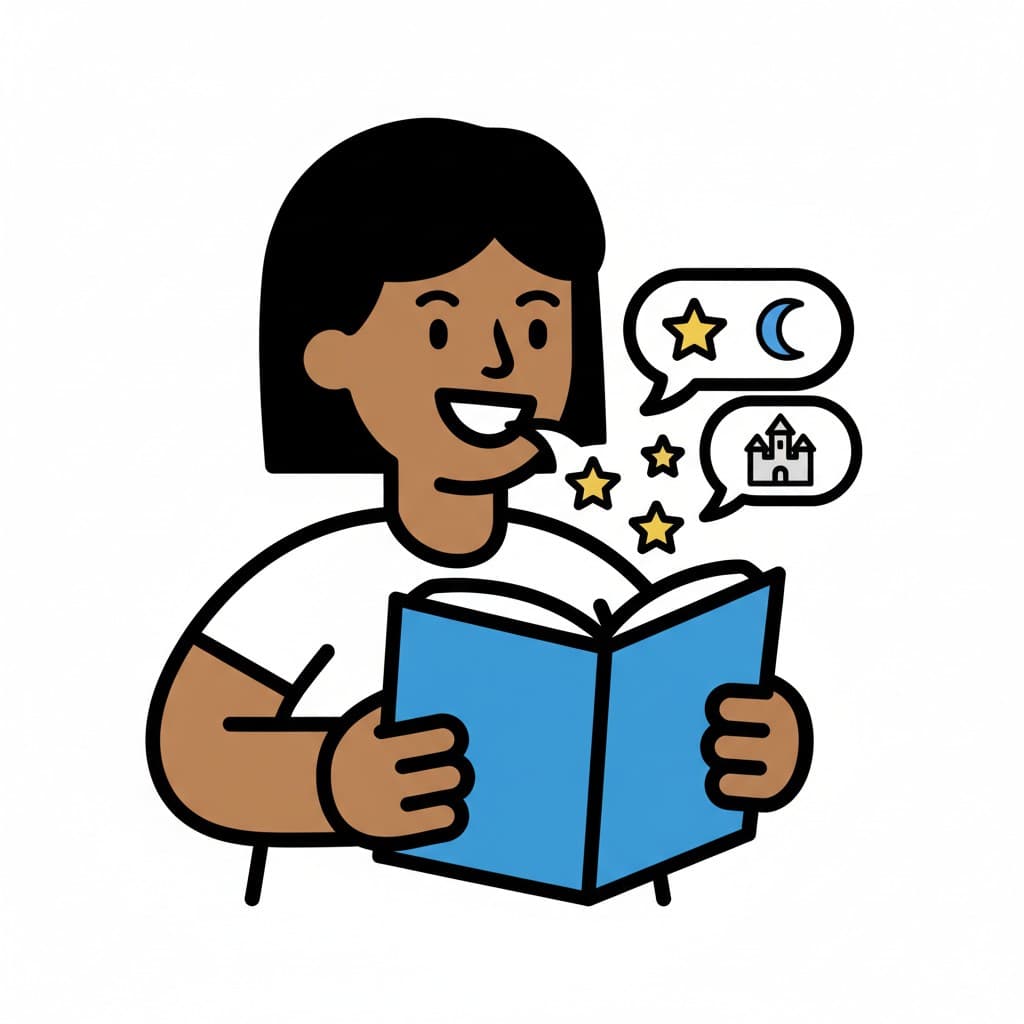 A person tells a story from a book.