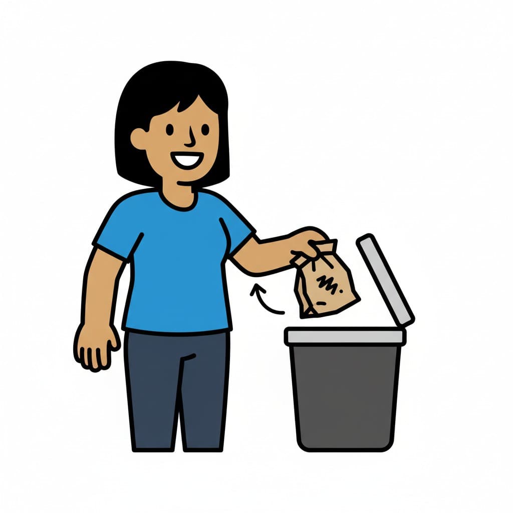 A girl throws a small paper bag into a trash can.
