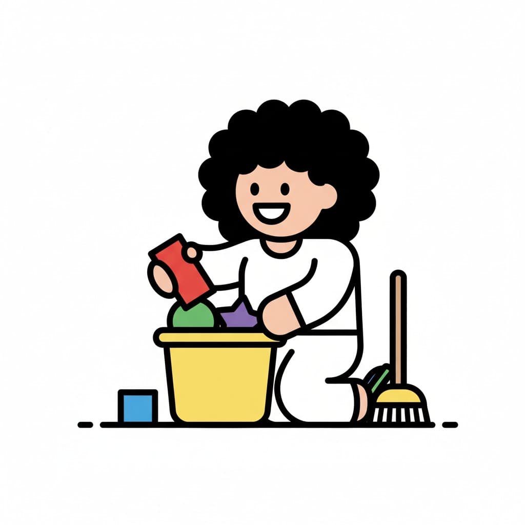 A girl with curly hair drops a red toy into a yellow box while a broom leans beside her and one blue block still lies on the floor.