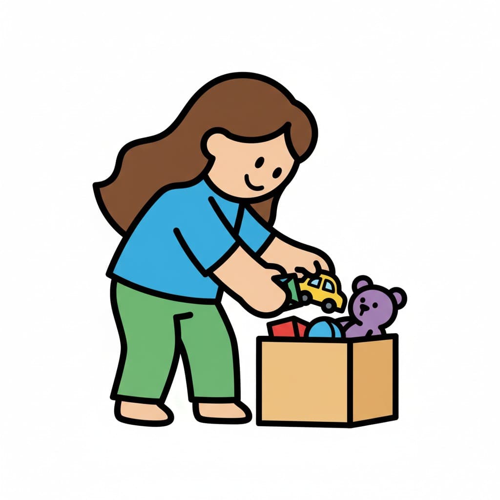 En jente rydder opp leker i en boks.