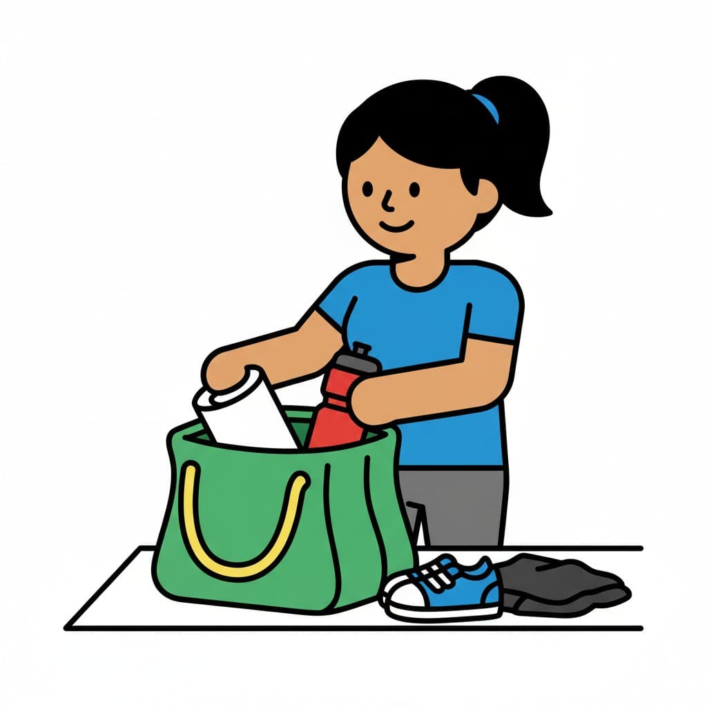 A smiling person unpacking a green gym bag, taking out a water bottle and a towel. A shoe and dark clothing are next to the bag.